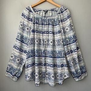 Chaps Peasant Top Size L Blue White Crinkle Gauze Country Boho Cowgirl Western